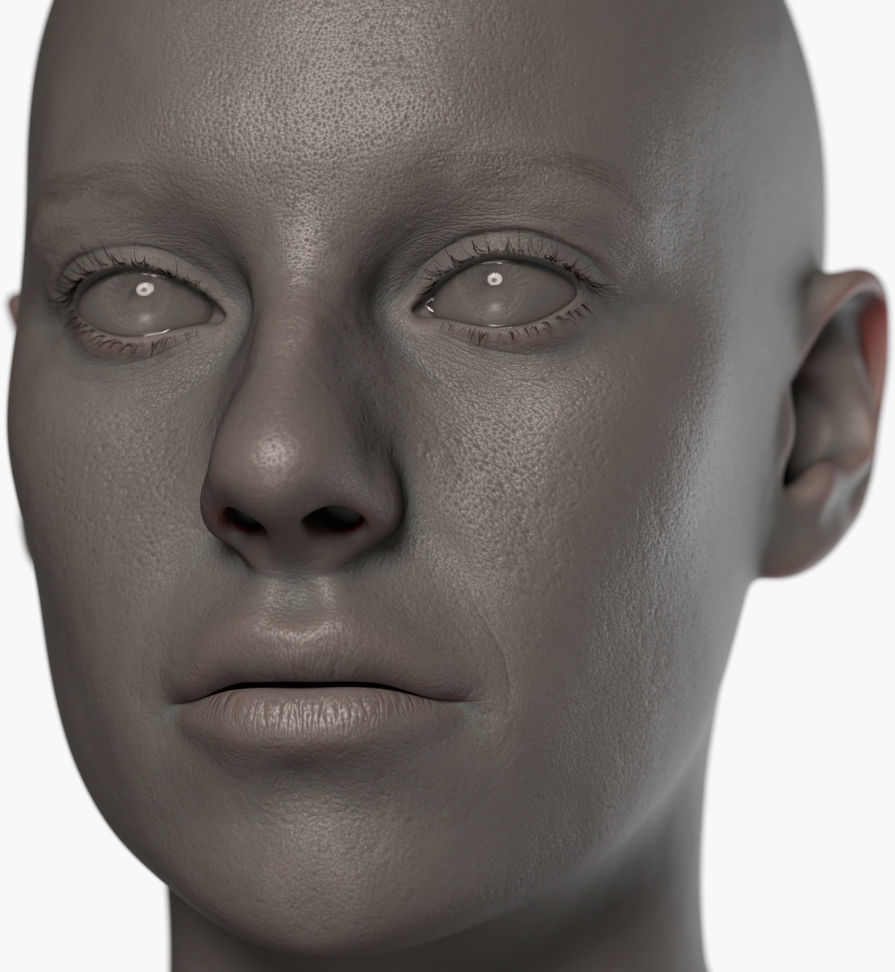 Clay render of a female 3D head scan showing fine skin pore and surface texture detail